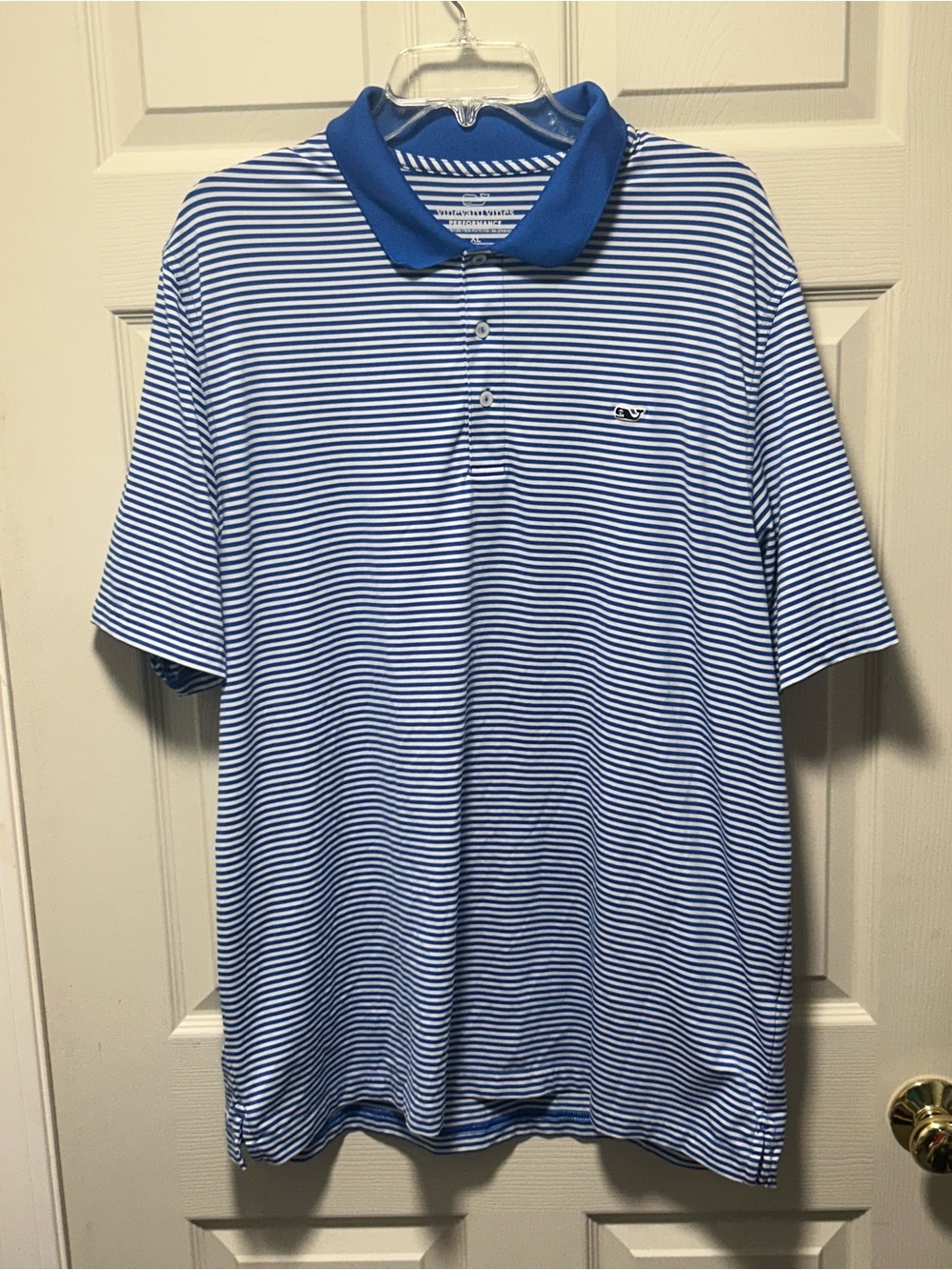 Vineyard Vines Blue and White Thin-Stripe Polo with Solid Blue Collar